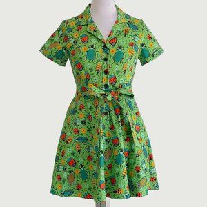 Eva Rose Green Bug Print T-Shirt Cap-Sleeve Front-Tie Fit & Flare Dress